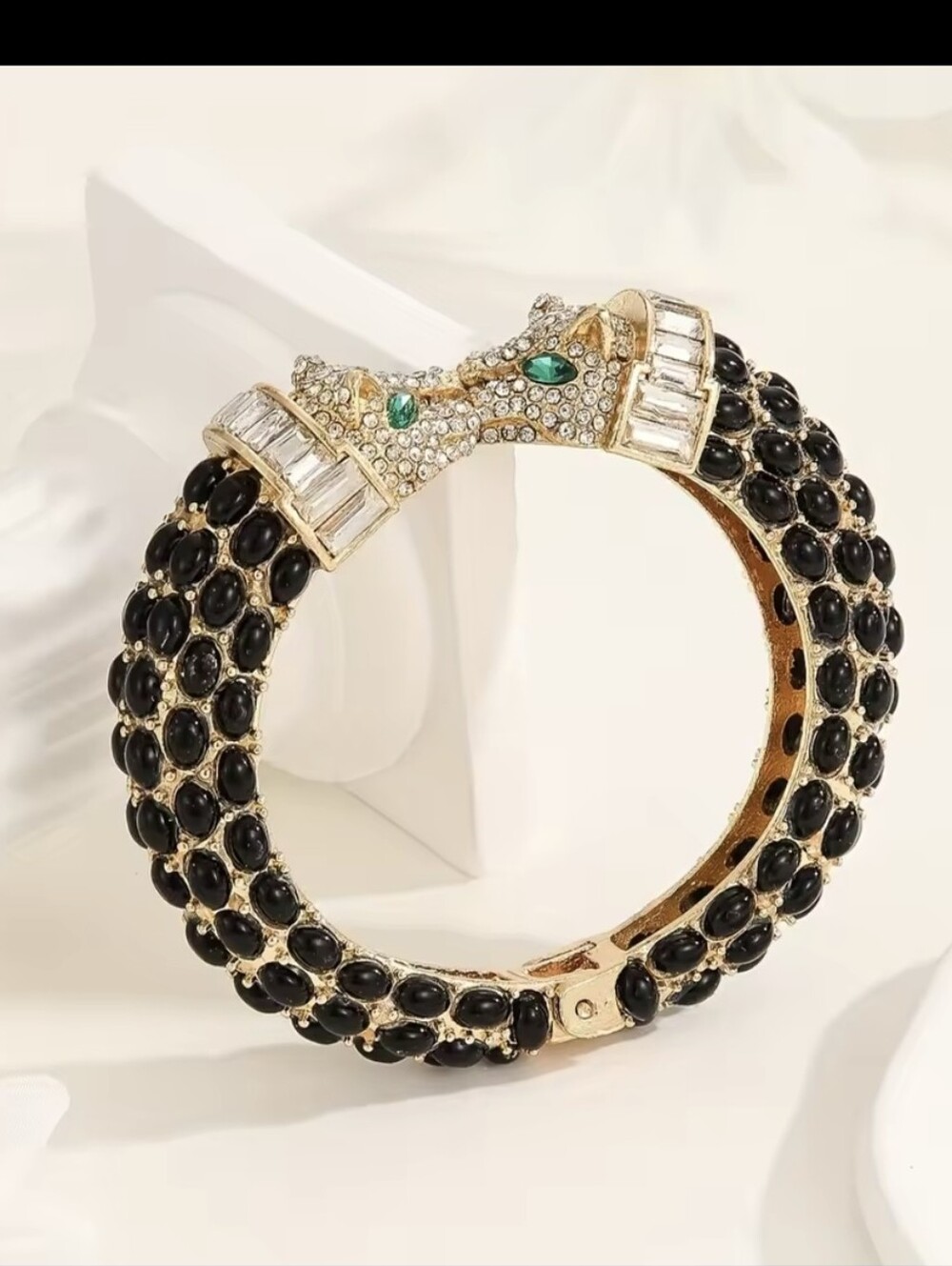 Double Head Diamond Jaguar Black Beaded Bangle Bracelet